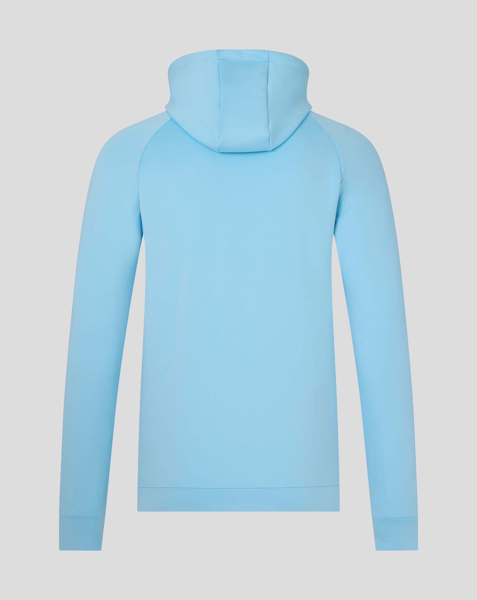 Back view of light blue Harlequins presentation scuba hoodie with hood up