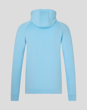 Back view of light blue Harlequins presentation scuba hoodie with hood up