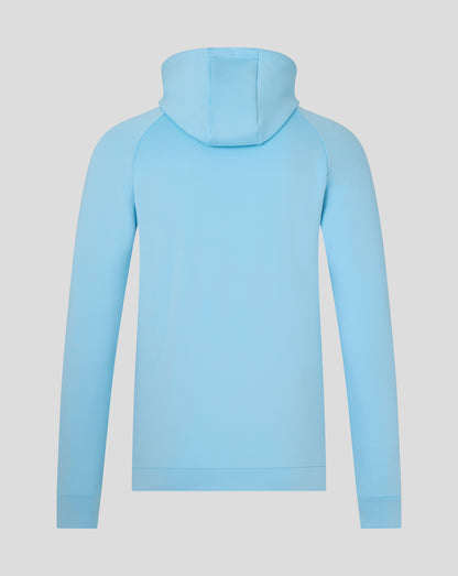 Back view of light blue Harlequins presentation scuba hoodie with hood up