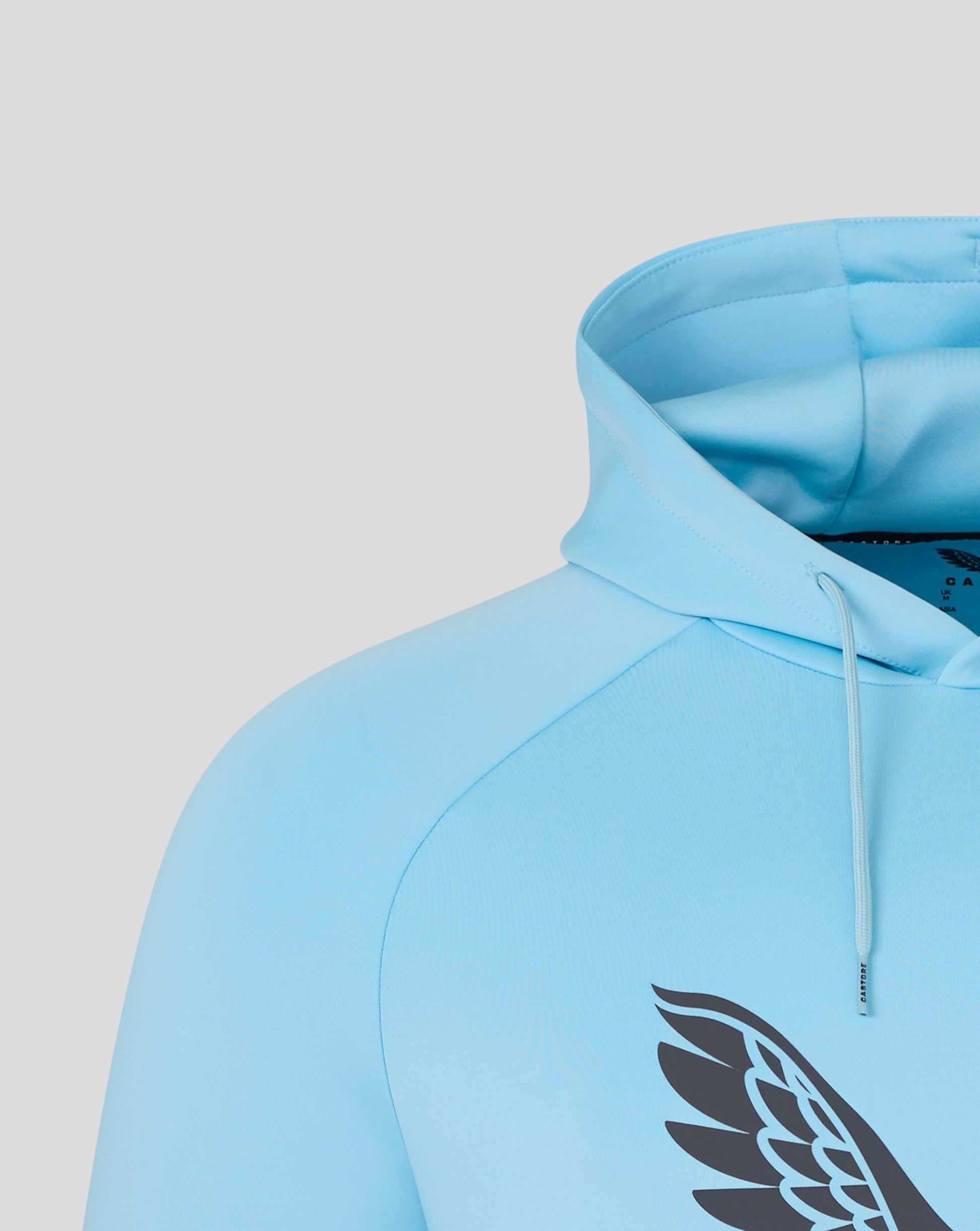 Blue scuba hoodie with bold black wing emblem on the front