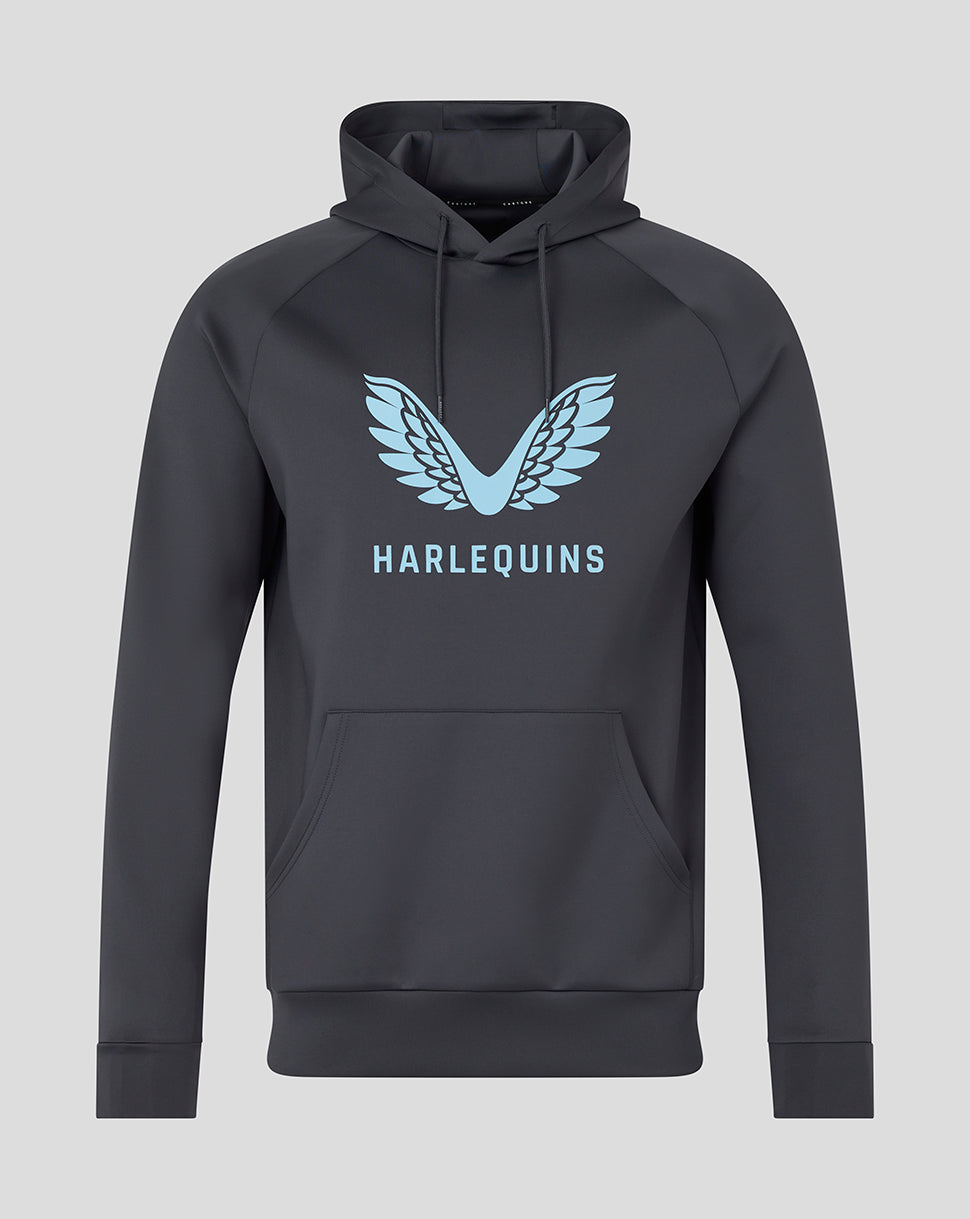 Dark grey Harlequins hoodie front view with light blue wing logo and chest branding