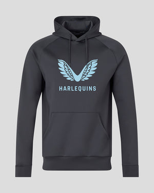 Dark grey Harlequins hoodie front view with light blue wing logo and chest branding