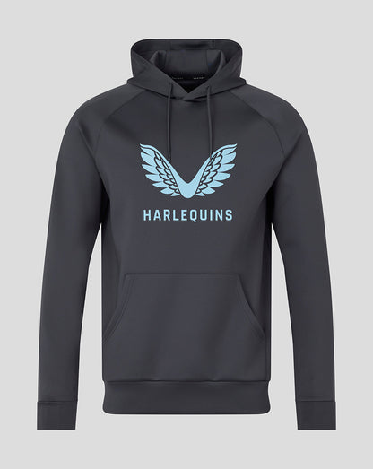 Dark grey Harlequins hoodie front view with light blue wing logo and chest branding