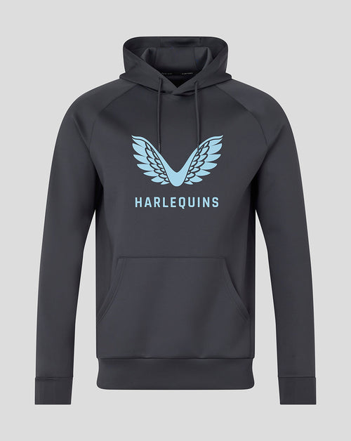 Dark grey Harlequins hoodie front view with light blue wing logo and chest branding
