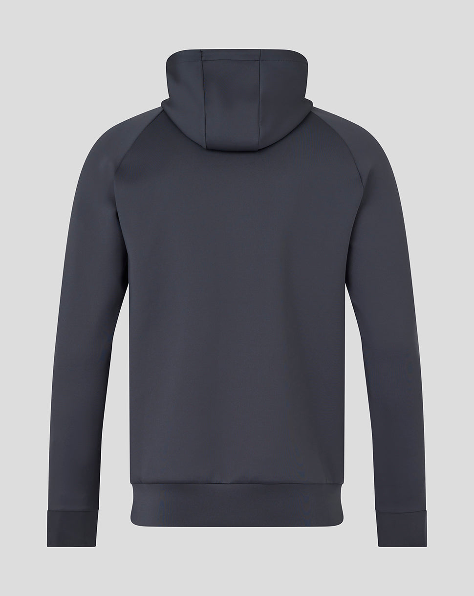 Back view of navy Harlequins Presentation scuba hoodie with hood up