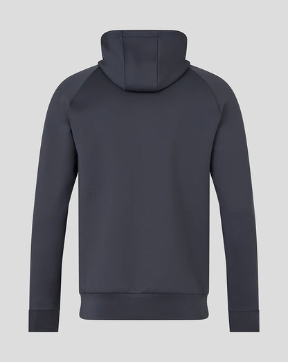 Back view of navy Harlequins Presentation scuba hoodie with hood up