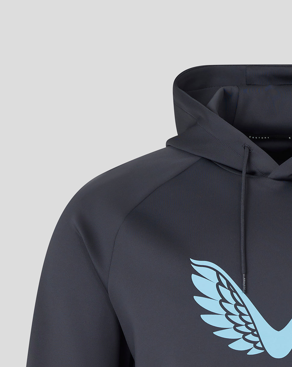 Close up of the upper chest and hood on a dark grey Harlequins hoodie showing the light blue wing logo