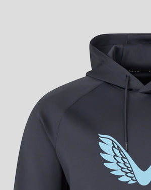 Close up of the upper chest and hood on a dark grey Harlequins hoodie showing the light blue wing logo