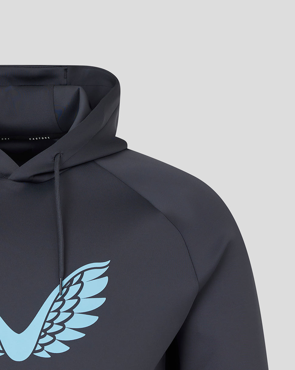 Close up of the light blue wing logo on a dark grey Harlequins hoodie with hood and shoulder seam