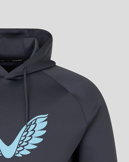 Close up of the light blue wing logo on a dark grey Harlequins hoodie with hood and shoulder seam
