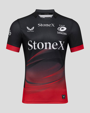 Saracens junior 25/26 replica home shirt in black with red gradient and prominent StoneX logo.