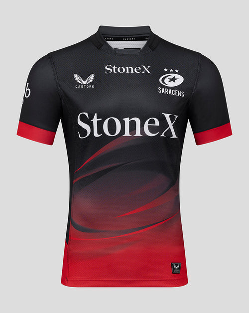 Saracens Pro Home rugby shirt in black with Stonex sponsor and team crest on the chest