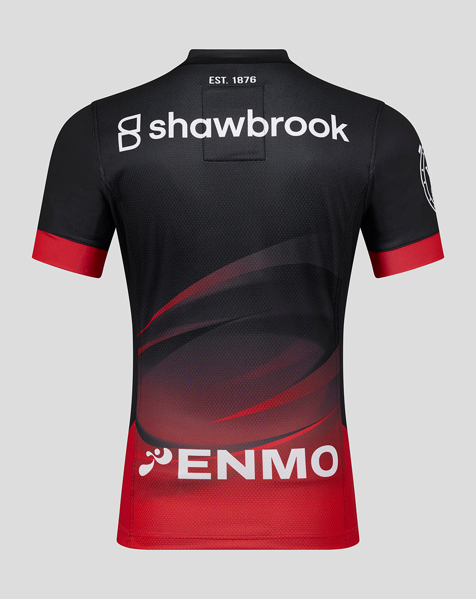 Back view of the Saracens Pro Home Shirt with EST. 1876 at the neck and shawbrook logo across the top back, ENMO across the red lower panel