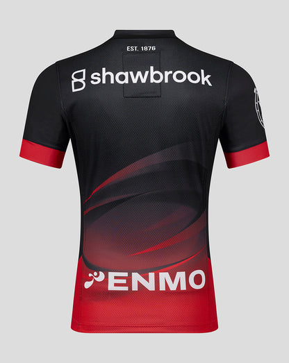 Back view of the Saracens Pro Home Shirt with EST. 1876 at the neck and shawbrook logo across the top back, ENMO across the red lower panel