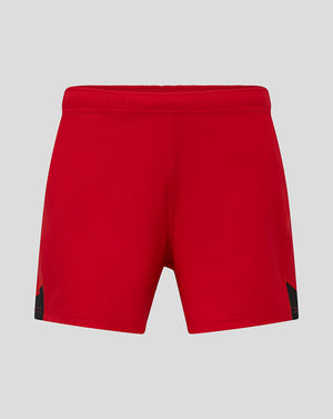 Back view of red Saracens Pro Home Shorts showing black side panels and elastic waistband