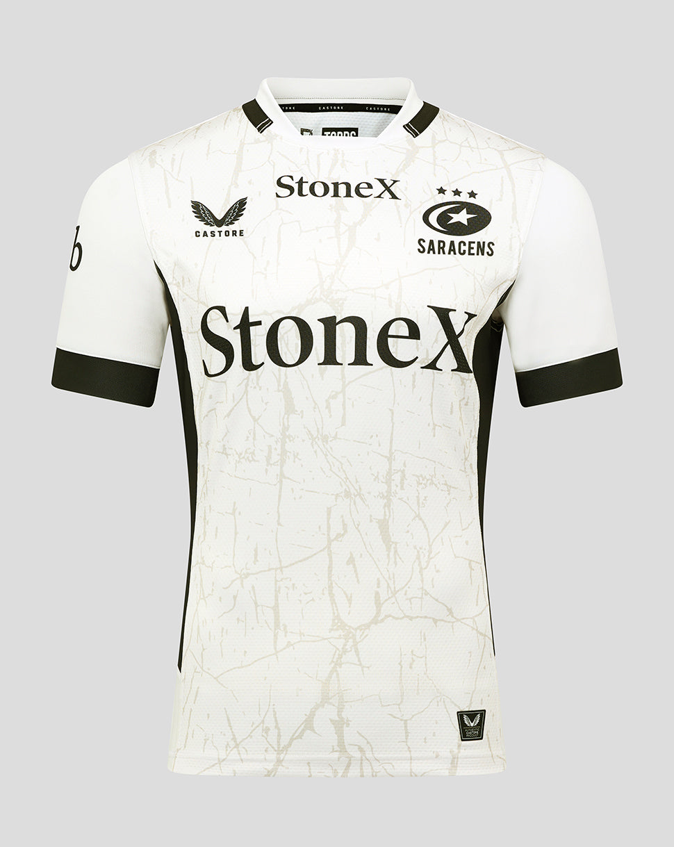 Saracens Mens 25/26 Pro Away Shirt in white with StoneX sponsor and club crest