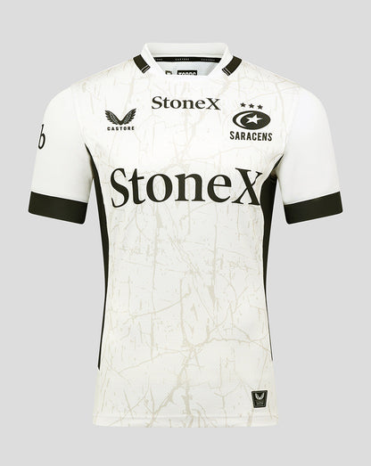 Front view of the Saracens replica away shirt in ivory with marble pattern and a bold StoneX sponsor across the chest.