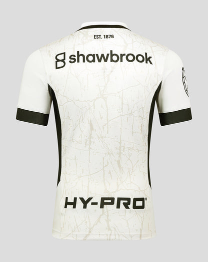 Back of Saracens shirt with shawbrook sponsor across upper back EST 1876 and HY-PRO at lower back.
