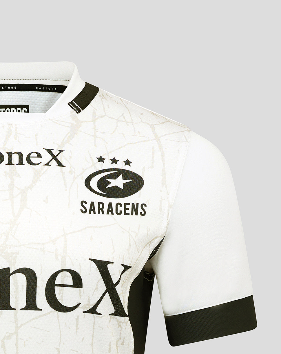 Saracens Pro Away Shirt front view in white marble pattern with crest stars and Nex sponsor.