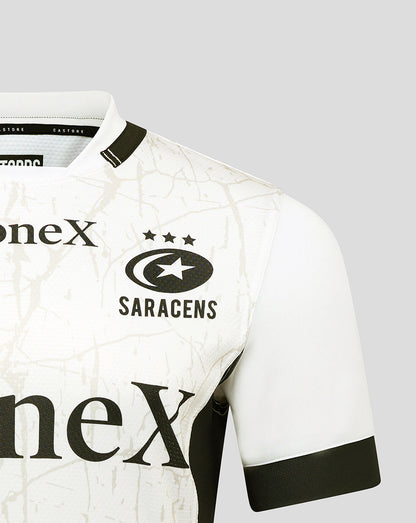 Saracens Pro Away Shirt front view in white marble pattern with crest stars and Nex sponsor.