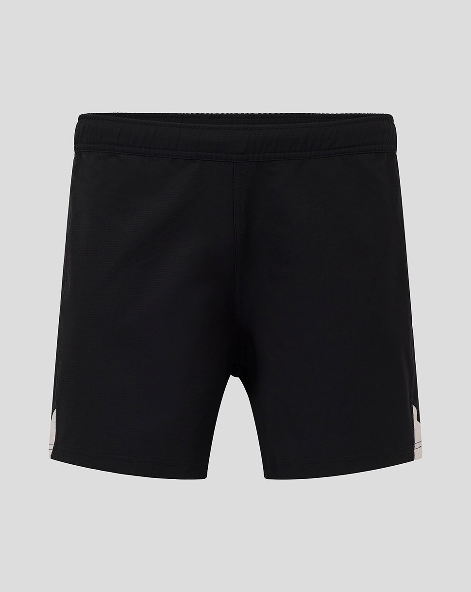 Back view of black Saracens Pro Away Shorts with light side panels and elastic waistband.