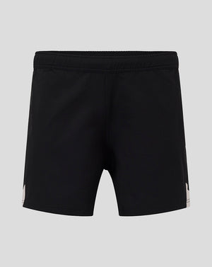 Back view of black Saracens Pro Away Shorts with light side panels and elastic waistband.