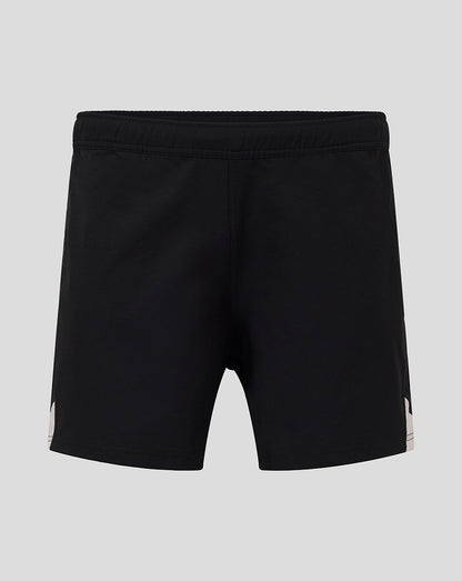 Back view of black Saracens Pro Away Shorts with light side panels and elastic waistband.