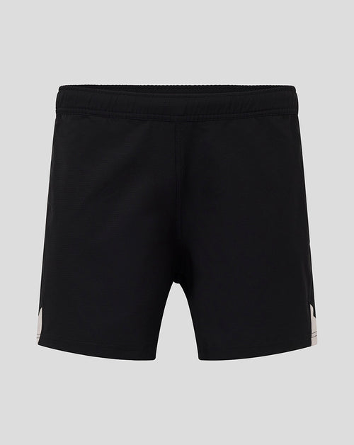 Back view of black Saracens Pro Away Shorts with light side panels and elastic waistband.
