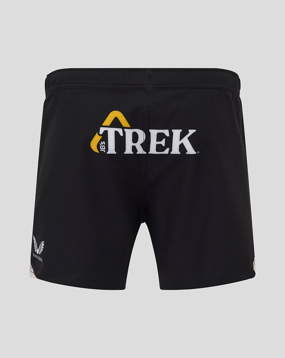 Back view of black Saracens Pro Away Shorts with a large Trek logo.