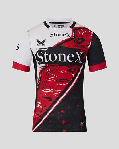 Saracens Showdown replica rugby shirt with bold red and black graphic and StoneX branding