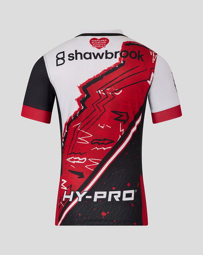 Back view of the Saracens Showdown Replica shirt with white upper panel, large red abstract graphic, and Hy-Pro branding.