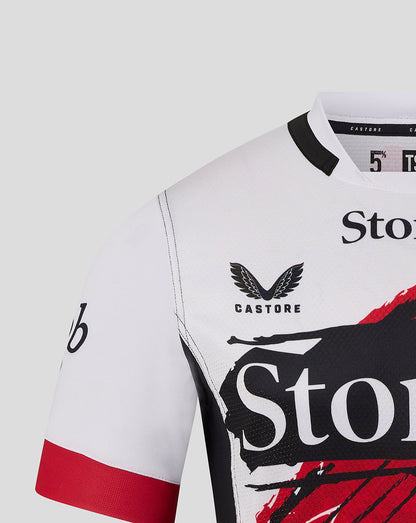 Back shoulder and side view of the Saracens Showdown Replica shirt showing white panel red accents and bold graphic detail.