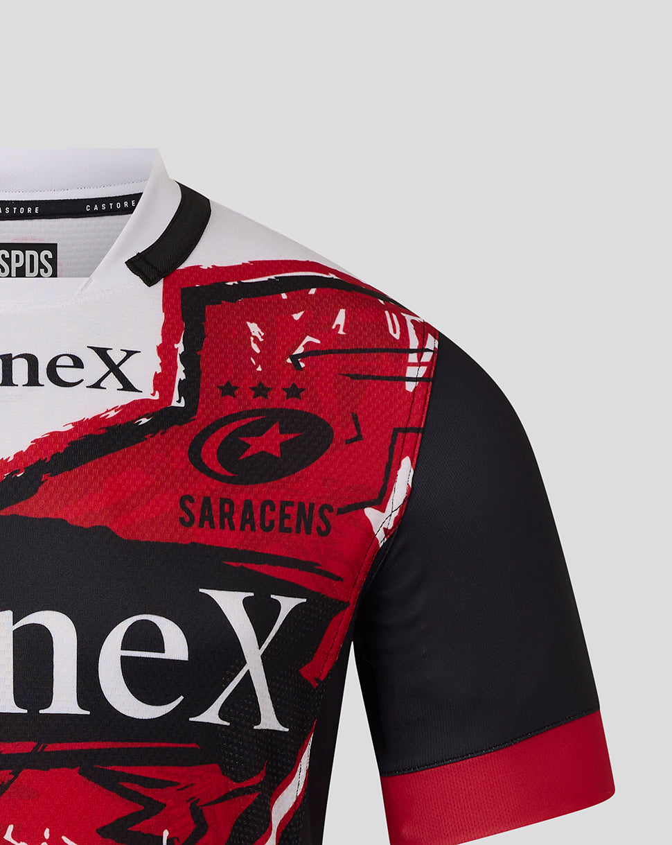 Close up of the Saracens Showdown Replica shirt with bold red and black graphic on the chest and reinforced collar.