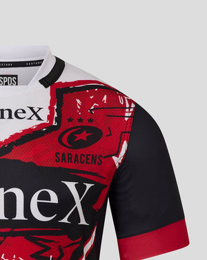 Close up of the Saracens Showdown Replica shirt with bold red and black graphic on the chest and reinforced collar.