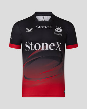 Front view of Saracens replica home shirt in black with red gradient and StoneX sponsor across the chest.