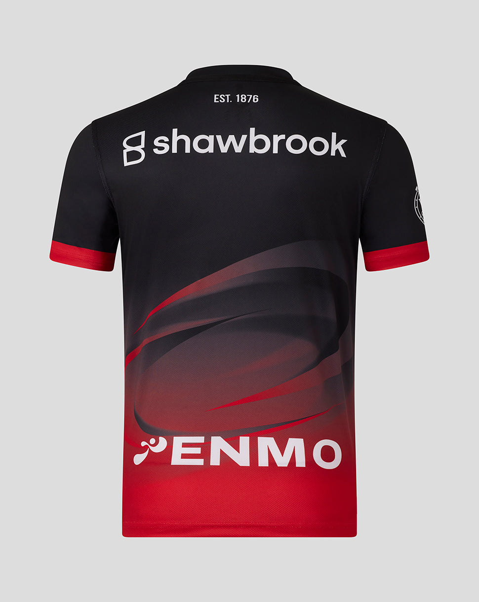 Back view of Saracens replica shirt with ENMO sponsor and bold red gradient design.