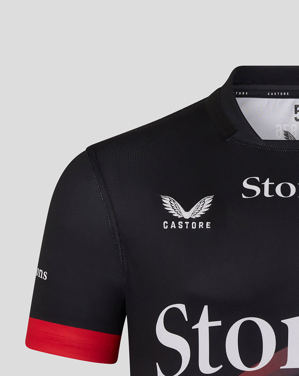 Back view of black Saracens replica shirt with Shawbrook branding across the upper back.