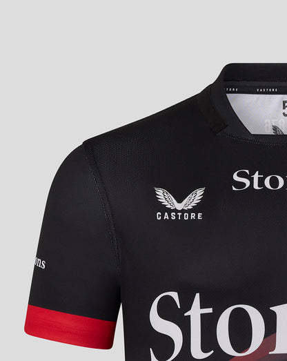 Back view of black Saracens replica shirt with Shawbrook branding across the upper back.