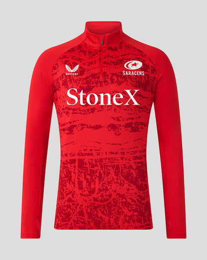 Red Saracens midlayer top with an abstract print and StoneX across the chest, zip neck collar