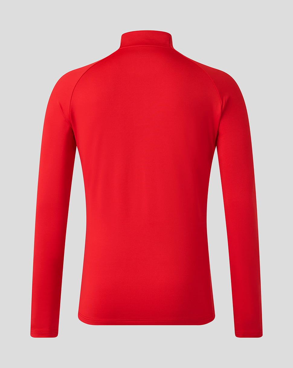 Back view of bright red Saracens midlayer top with clean panels