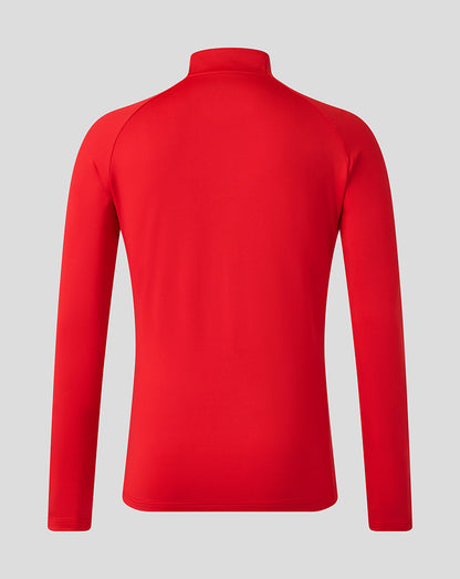 Back view of bright red Saracens midlayer top with clean panels
