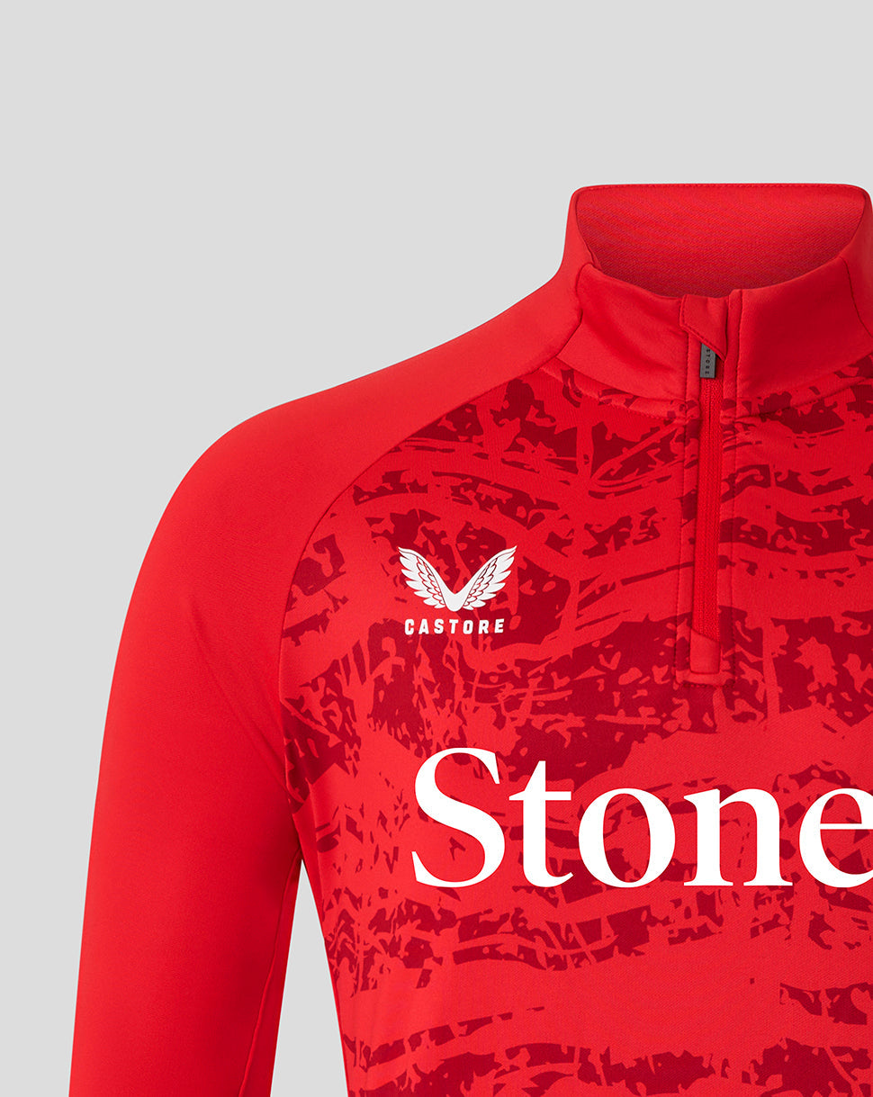 Close-up of red Saracens midlayer chest area showing Castore logo and abstract print