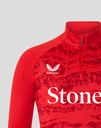 Close-up of red Saracens midlayer chest area showing Castore logo and abstract print