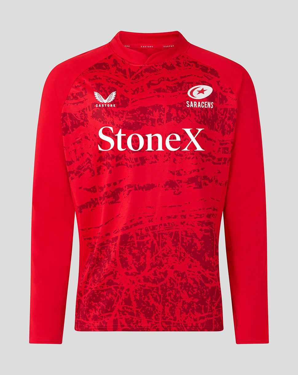Front view of red Saracens midlayer drill top with bold abstract print