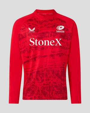 Front view of red Saracens midlayer drill top with bold abstract print