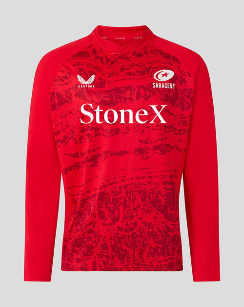 Front view of red Saracens midlayer drill top with bold abstract print