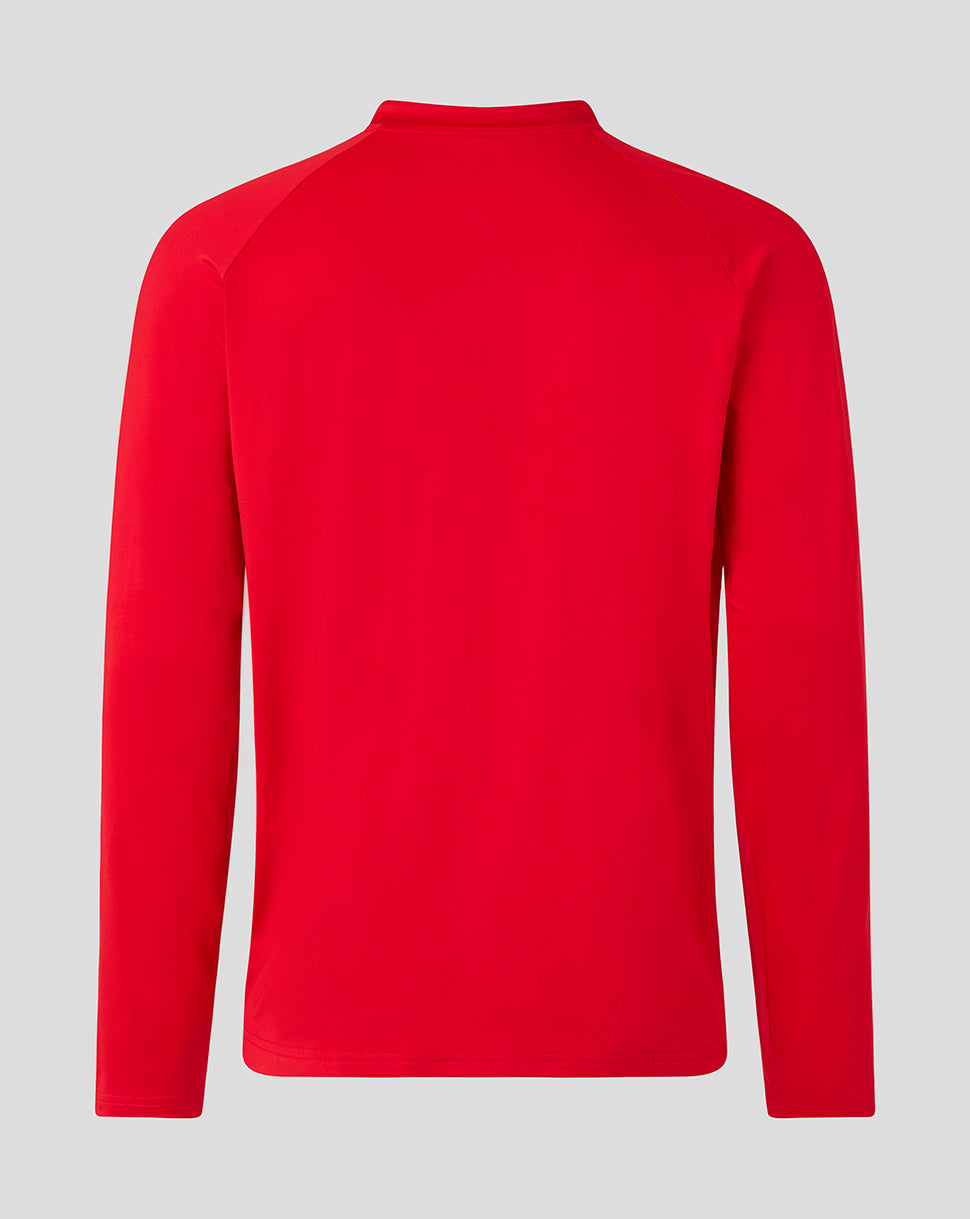 Back view of red Saracens midlayer top with clean solid fabric and simple neckline