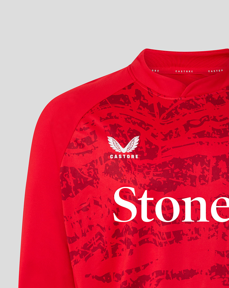 Red Saracens 25/26 Matchday Midlayer Drill Top with bold abstract print and StoneX branding on the chest
