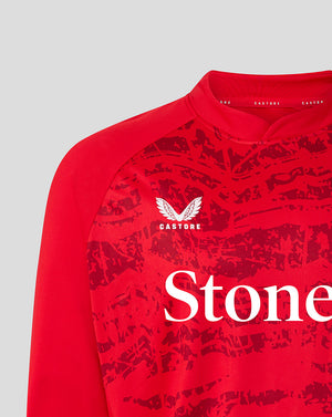 Red Saracens 25/26 Matchday Midlayer Drill Top with bold abstract print and StoneX branding on the chest