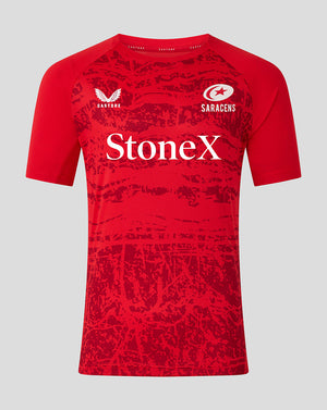 Red Saracens matchday short sleeve tee with StoneX sponsor across the chest and Castore and Saracens logos